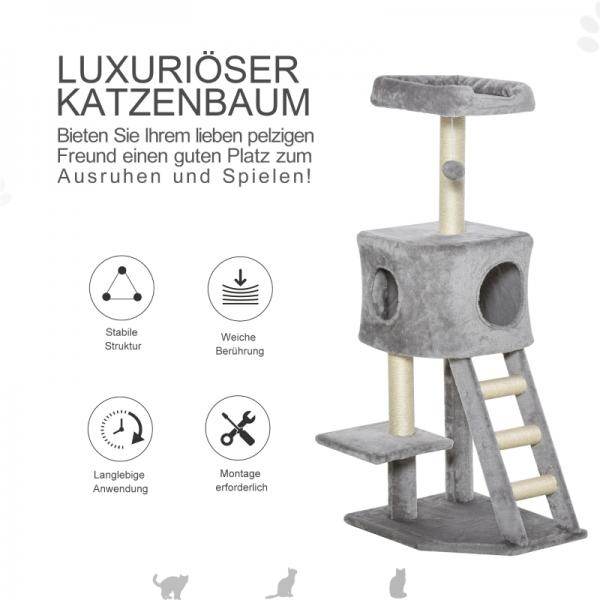 Kratzbaum mit Höhle Leiter Katzenbaum Kletterbaum E1 MDF Sisal Hellgrau - Palo24