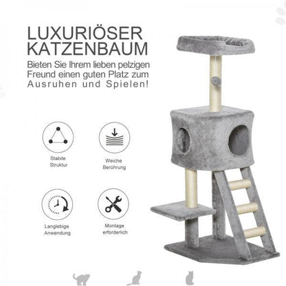 Kratzbaum mit Höhle Leiter Katzenbaum Kletterbaum E1 MDF Sisal Hellgrau - Palo24