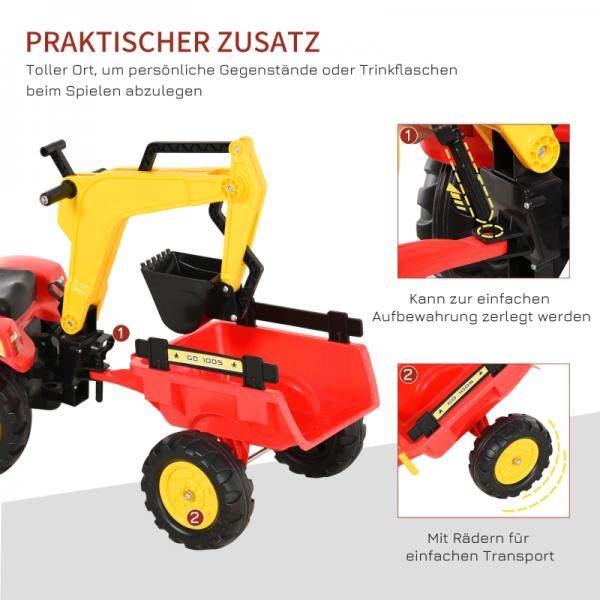 Trettraktor mit Anhänger Tretbagger mit Frontlader Kindertrettraktoren ab 3 Jahre Stahl Kunststoff Rot 179 x 42 x 59 cm - Palo24