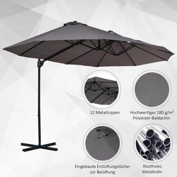 Sonnenschirm mit Kurbel Doppelschirm Gartenschirm Sonnenschutz Metall Grau - Palo24