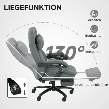 Bürostuhl höhenverstellbarer mit Fußstütze Massagefunktion, Leinen-Gefühl, Grau
