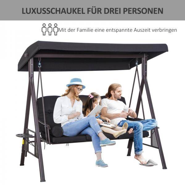 3-Sitzer Hollywoodschaukel Gartenschaukel mit Sonnendach Kissen Metall Polyester Schwarz - Palo24