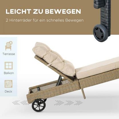Sonnenliege Gartenliege mit Rollen Kissen 4-stufig verstellbar Rattanliege Stahl Natur+Khaki - Palo24