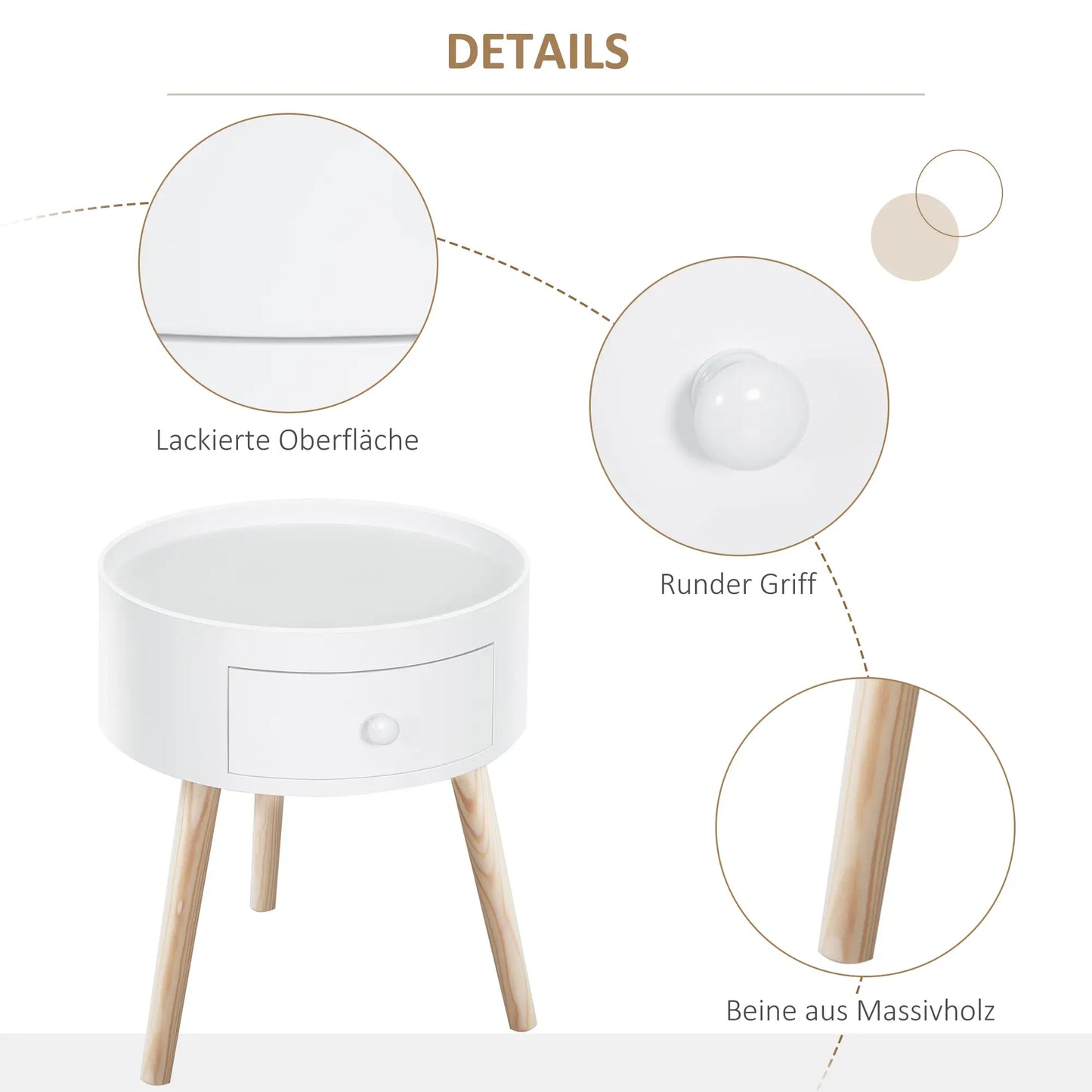 Couchtisch rund Beistelltisch mit Schublade Holz Weiss