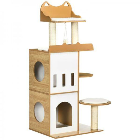 Kratzbaum, Kratzstämme mit 2 Etagen, Sitzplattformen, Spielball, Farbe: Weiss+Holz - Palo24