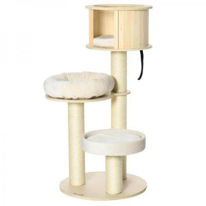 Katzenbaum Kratzbaum mit drei Ebenen Haus und Kissen, Natur+Creme - Palo24