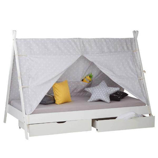 Kinderbett TIPI 90x200 mit 2 Bettkästen Weiss Holzbett Indianer Bett Hausbett Spielbett - Palo24