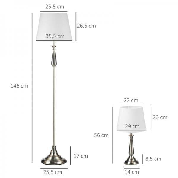 3-teiliges Lampenset im Vintage-Design, 2 Tischleuchten, 1 Stehleuchte Silber + Weiss - Palo24