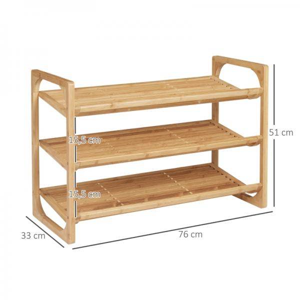 Schuhregal für 9 Schuhpaare, 3 Etagen, erhöhte Kanten, Bambusholz, 76 x 33 x 51 cm - Palo24