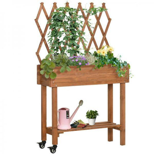 Hochbeet, integriertes Spalier, Ablageregal, Räder, Massivholz, braun, 79 x 29 x 130 cm - Palo24