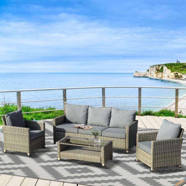 4-tlg. Polyrattan Set Gartengarnitur Sitzgruppe Loungeset mit Couchtisch Aluminium Braun+Grau - Palo24