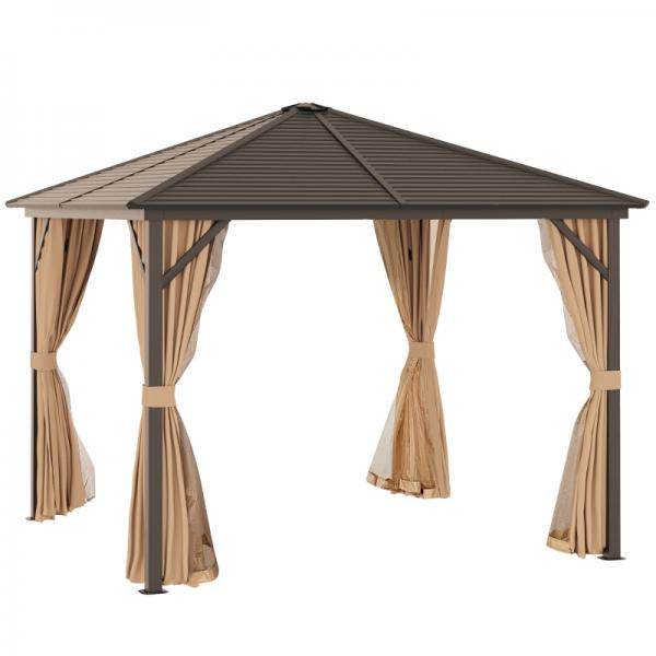 Gartenpavillon 4 x Doppel-Seitenwänden Laternenhaken Alu + Polyester Bronze+Hellbraun ca. 3 x 3 x 2,5 m - Palo24