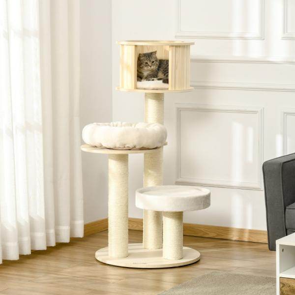 Katzenbaum Kratzbaum mit drei Ebenen Haus und Kissen, Natur+Creme - Palo24