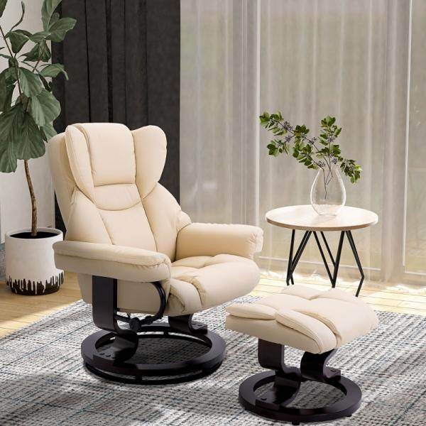 Relaxsessel mit Hocker, Liegefunktion, drehbar, bis 160 kg, Kunstleder creme - Palo24