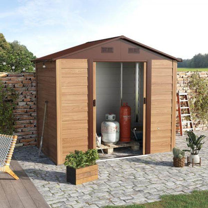 Geräteschuppen Geräteschrank Gerätehaus Gartenhaus Holzmaserungsimitat+Kaffee L152 x B235,7 x H208,7 cm - Palo24
