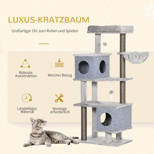 Kratzbaum, zwei Häuser, zwei Plattformen, Spielball, Liegekorb, Kippschutz, Sisal, grau - Palo24