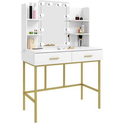 Schminktisch mit Spiegel mit LED-Beleuchtung, 2 Schubladen, Weiss und Gold - Palo24