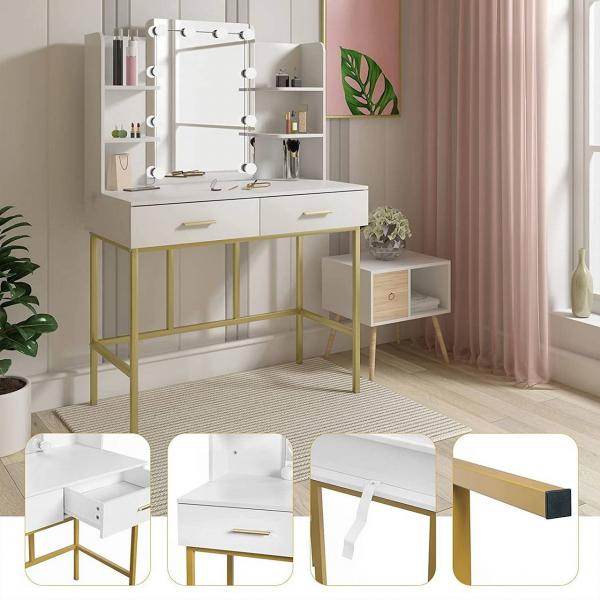 Schminktisch mit Spiegel mit LED-Beleuchtung, 2 Schubladen, Weiss und Gold - Palo24