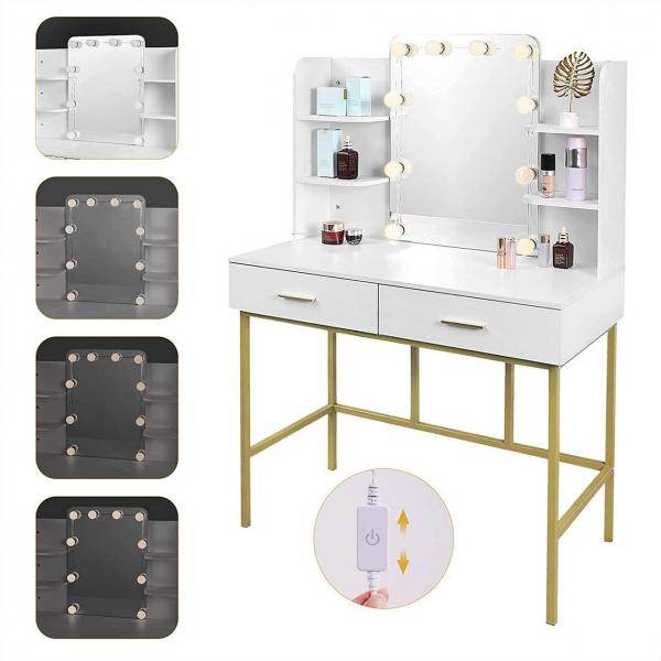 Schminktisch mit Spiegel mit LED-Beleuchtung, 2 Schubladen, Weiss und Gold - Palo24