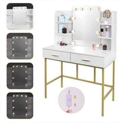 Schminktisch mit Spiegel mit LED-Beleuchtung, 2 Schubladen, Weiss und Gold - Palo24