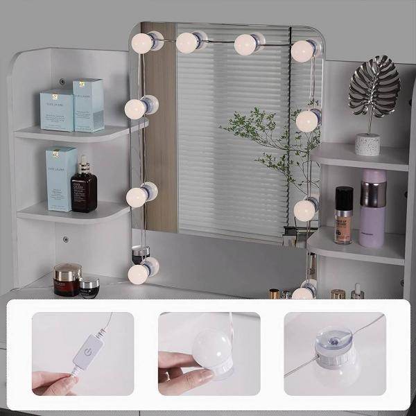 Schminktisch mit Spiegel mit LED-Beleuchtung, 2 Schubladen, Weiss und Gold - Palo24
