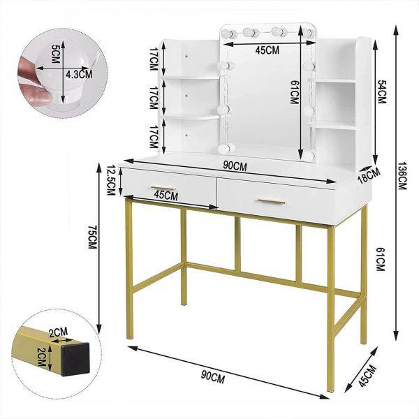 Schminktisch mit Spiegel mit LED-Beleuchtung, 2 Schubladen, Weiss und Gold - Palo24