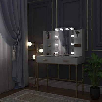 Schminktisch mit Spiegel mit LED-Beleuchtung, 2 Schubladen, Weiss und Gold - Palo24