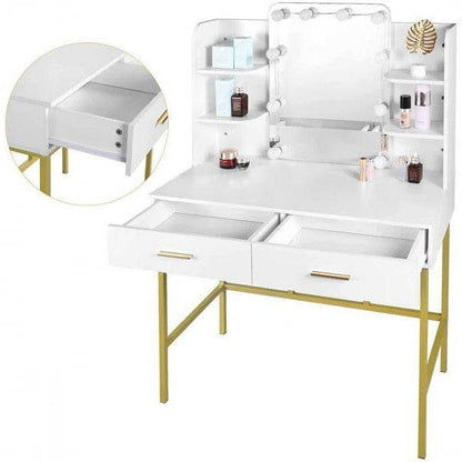 Schminktisch mit Spiegel mit LED-Beleuchtung, 2 Schubladen, Weiss und Gold - Palo24