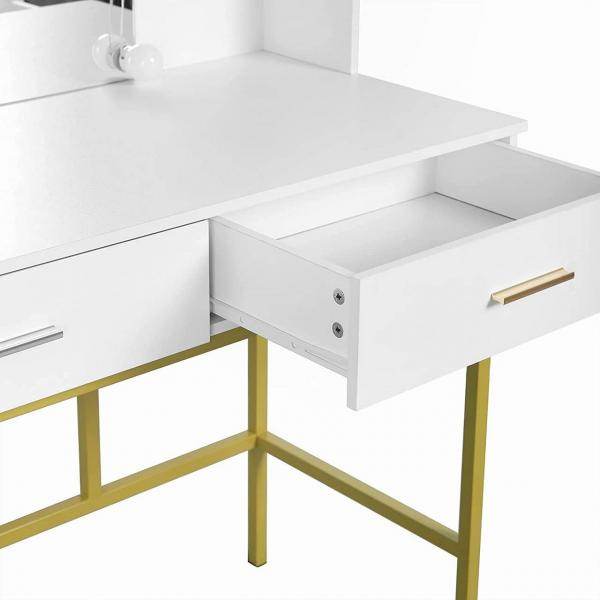 Schminktisch mit Spiegel mit LED-Beleuchtung, 2 Schubladen, Weiss und Gold - Palo24
