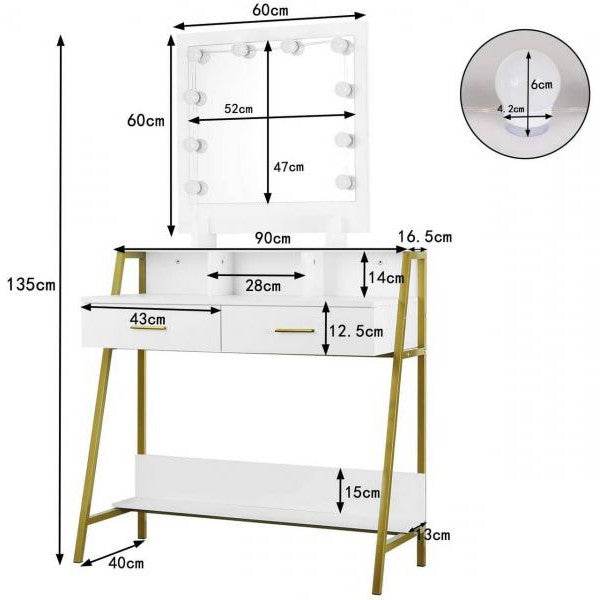 Schminktisch LED Spiegel 2 Schubladen Weiss Gold - Palo24