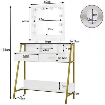 Schminktisch LED Spiegel 2 Schubladen Weiss Gold - Palo24