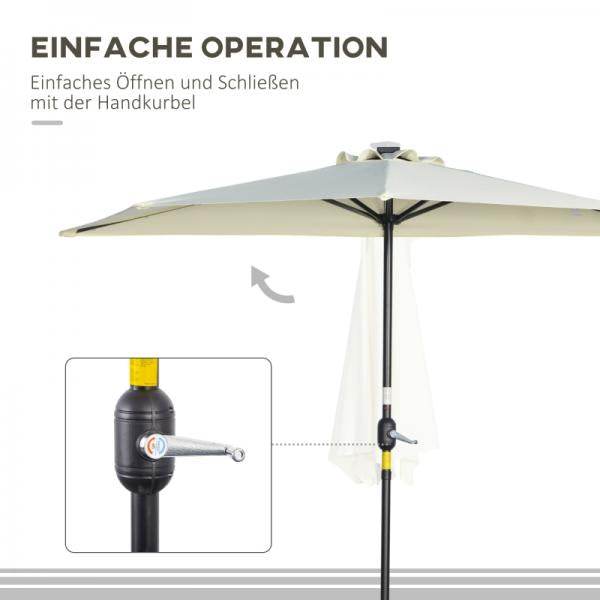 Sonnenschirm, Terrassenschirm, halbrund, mit Solarpaneel, 20 LEDs, Handkurbel, beige, 2,70 x 1,35 x 2,40 m - Palo24