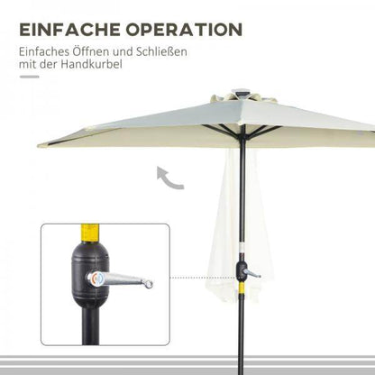 Sonnenschirm, Terrassenschirm, halbrund, mit Solarpaneel, 20 LEDs, Handkurbel, beige, 2,70 x 1,35 x 2,40 m - Palo24