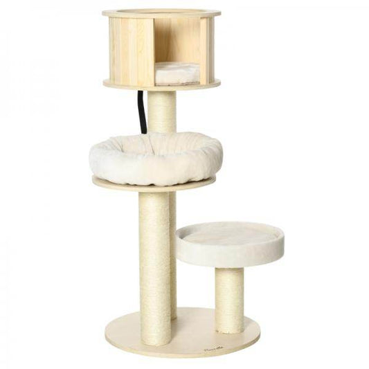 Katzenbaum Kratzbaum mit drei Ebenen Haus und Kissen, Natur+Creme - Palo24