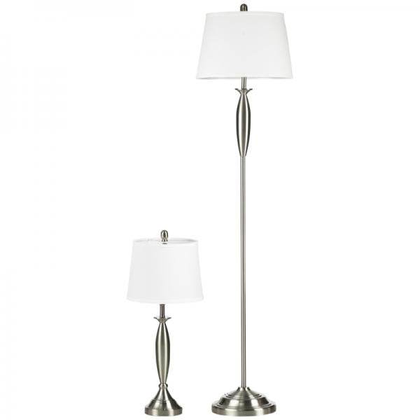 2-teiliges Leuchten-Set. 1 Stehleuchte, 1 Tischleuchten, Leinenoptik Silber + Weiss - Palo24