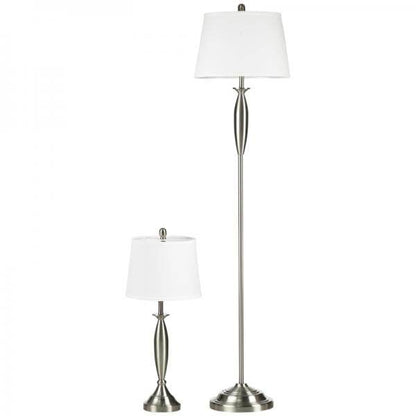 2-teiliges Leuchten-Set. 1 Stehleuchte, 1 Tischleuchten, Leinenoptik Silber + Weiss - Palo24