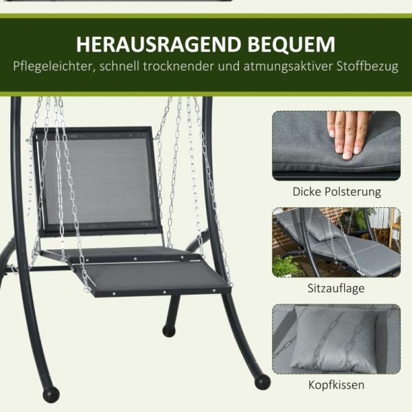 Hängeliege, neigbares Dach, inkl. Sitzauflage, Kopfkissen, Stahlrahmen, dunkelgrau - Palo24