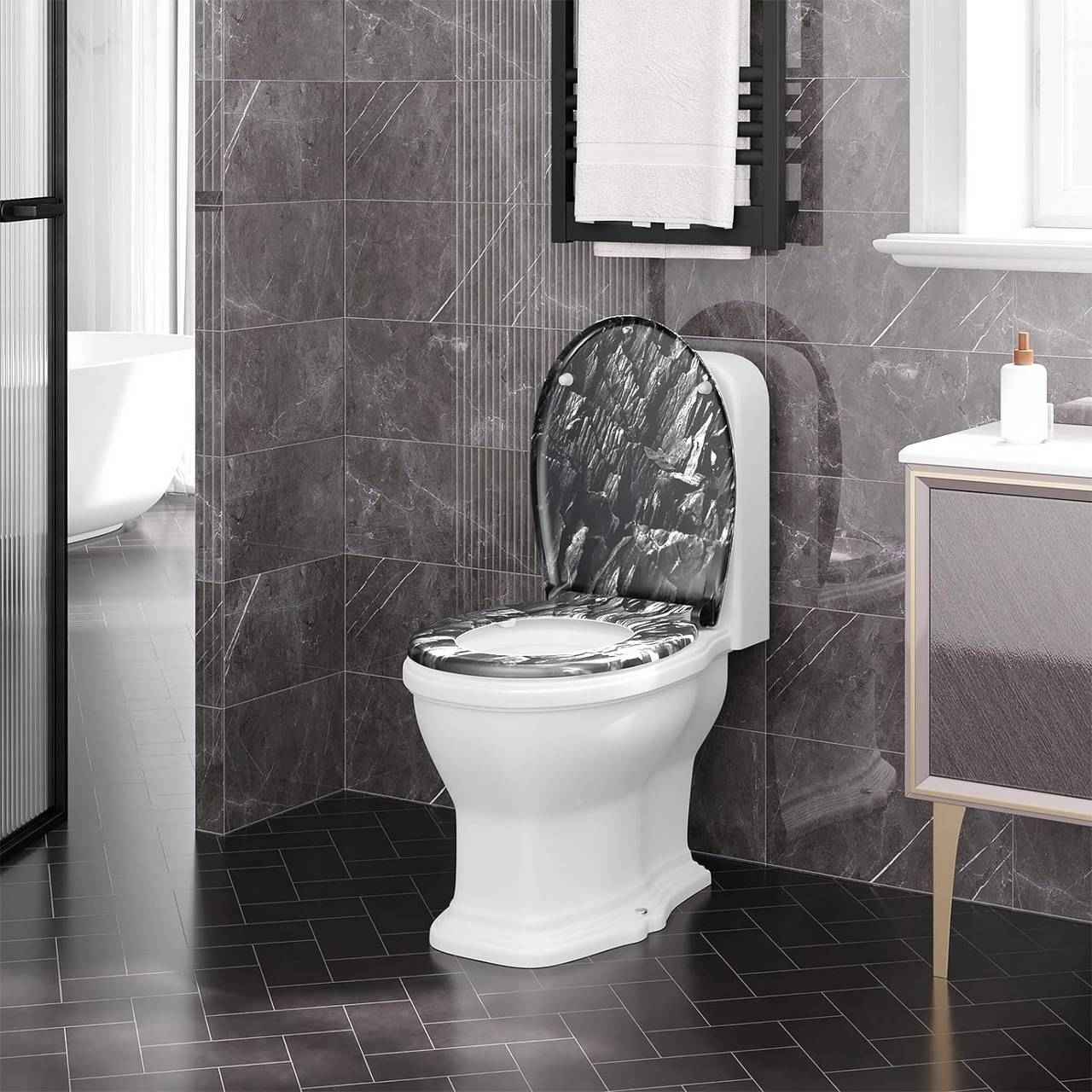 Toilettendeckel, WC Sitz mit Absenkautomatik, Klobrille, O-Form, Steinmuster