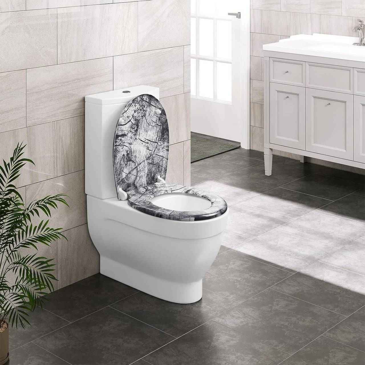 Toilettendeckel, WC Sitz mit Absenkautomatik, Klobrille, O-Form, Holzmuster
