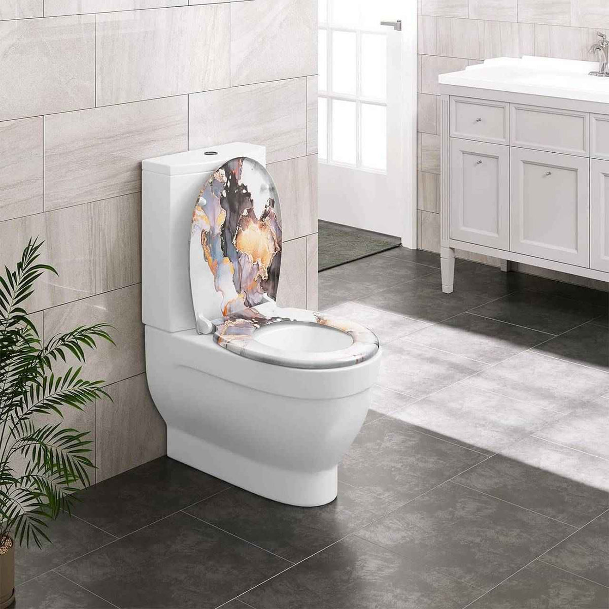 Toilettendeckel, WC Sitz mit Absenkautomatik, Klobrille, O-Form, Abstraktes Marmormuster