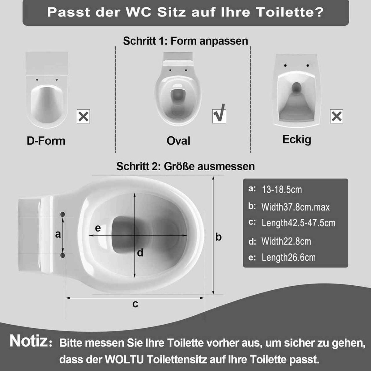 Toilettendeckel mit Absenkautomatik, WC Sitz O Form, aus MDF, Technologie-Wabe Grau