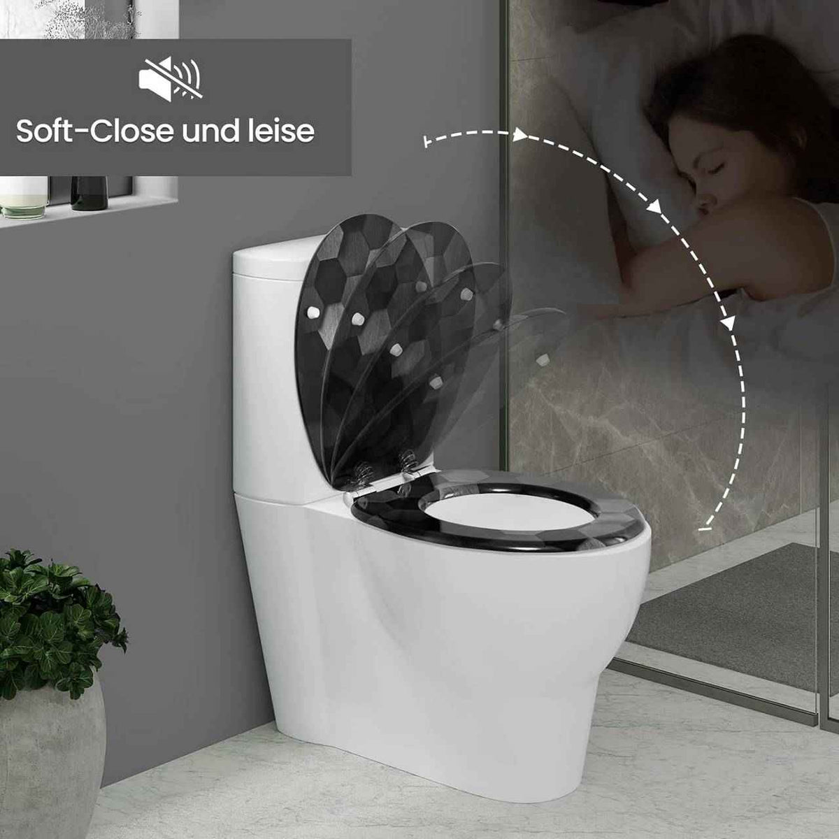 Toilettendeckel mit Absenkautomatik, WC Sitz O Form, aus MDF, Technologie-Wabe Grau