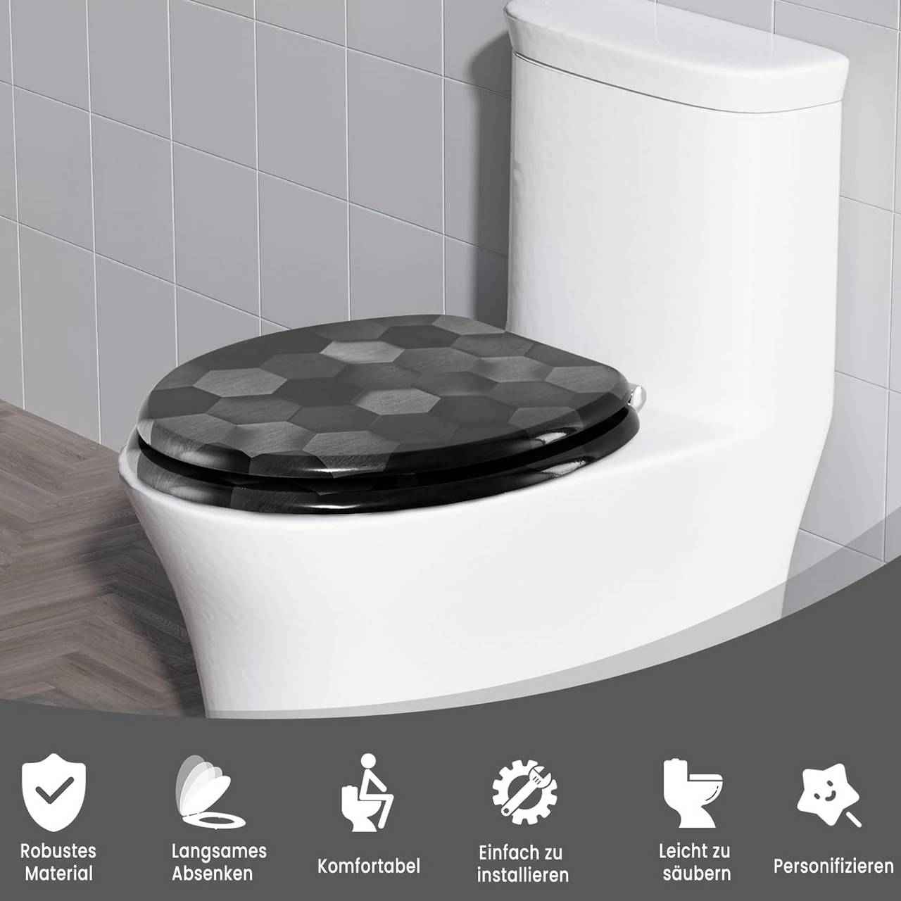 Toilettendeckel mit Absenkautomatik, WC Sitz O Form, aus MDF, Technologie-Wabe Grau