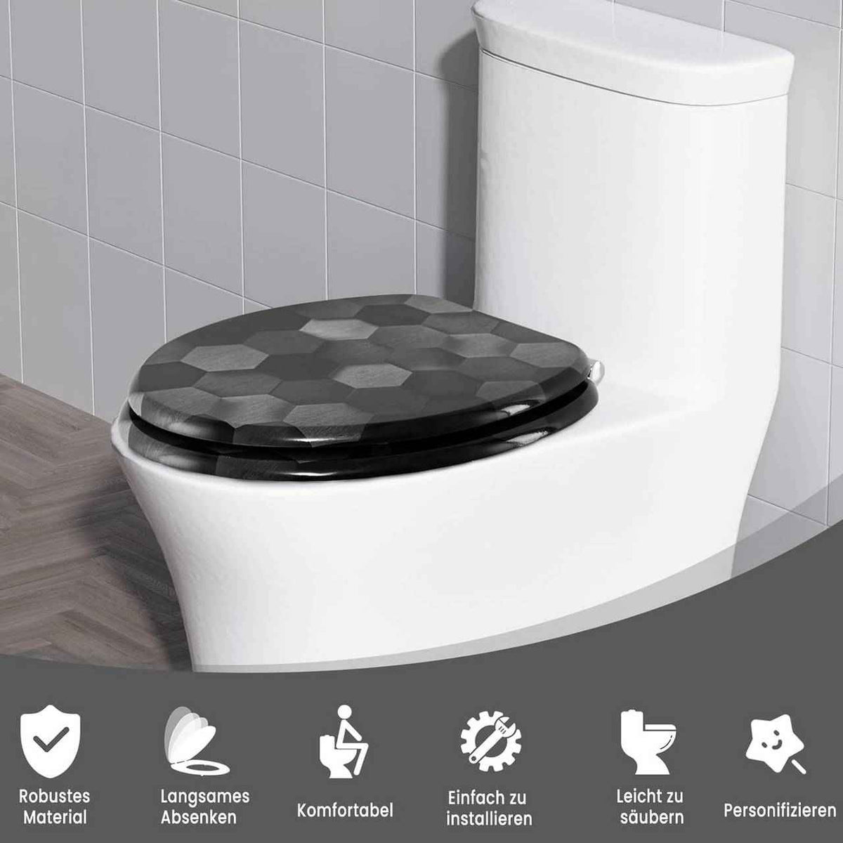 Toilettendeckel mit Absenkautomatik, WC Sitz O Form, aus MDF, Technologie-Wabe Grau