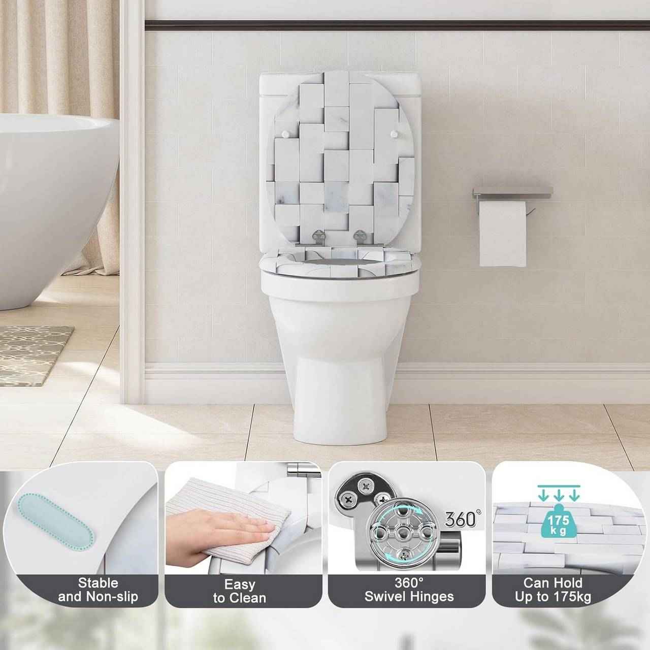 Toilettendeckel mit Absenkautomatik, WC Sitz O Form, aus MDF, Mosaik