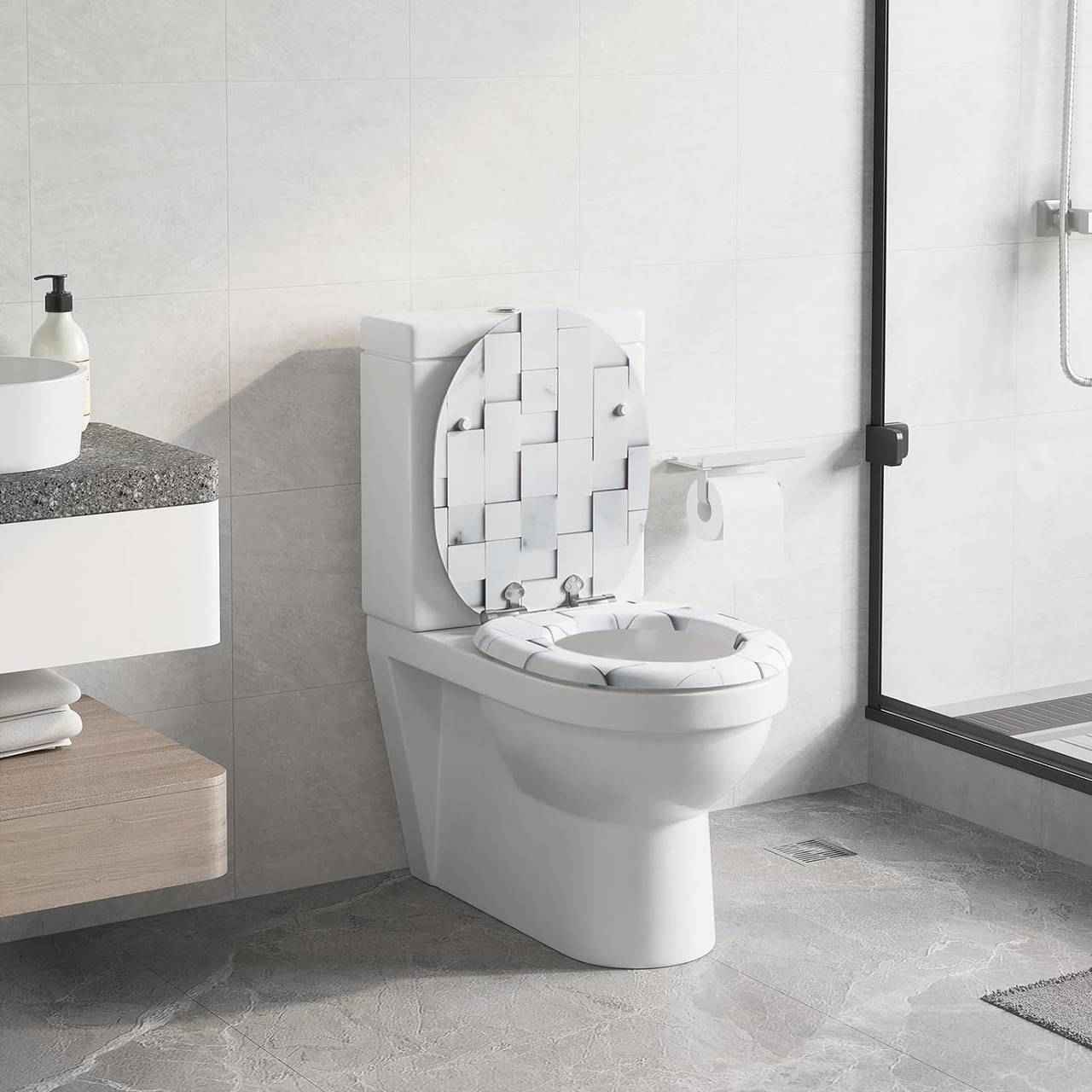 Toilettendeckel mit Absenkautomatik, WC Sitz O Form, aus MDF, Mosaik