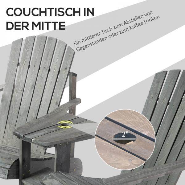 Adirondack Gartenstuhl mit Tisch und Schirmloch 2 Sitzer Gartensessel Sitzgruppe Massivholz Grau - Palo24