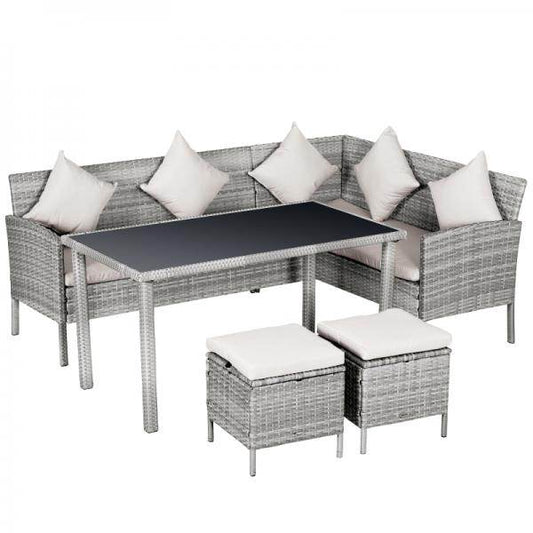 5-tlg. Sitzgruppe Set Rattan mit Esstisch 2 Fußhocker Metall Grau - Palo24