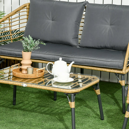 Set di mobili da giardino da 4 pezzi in rattan, stile boho, gruppo di seduta lounge naturale + grigio scuro