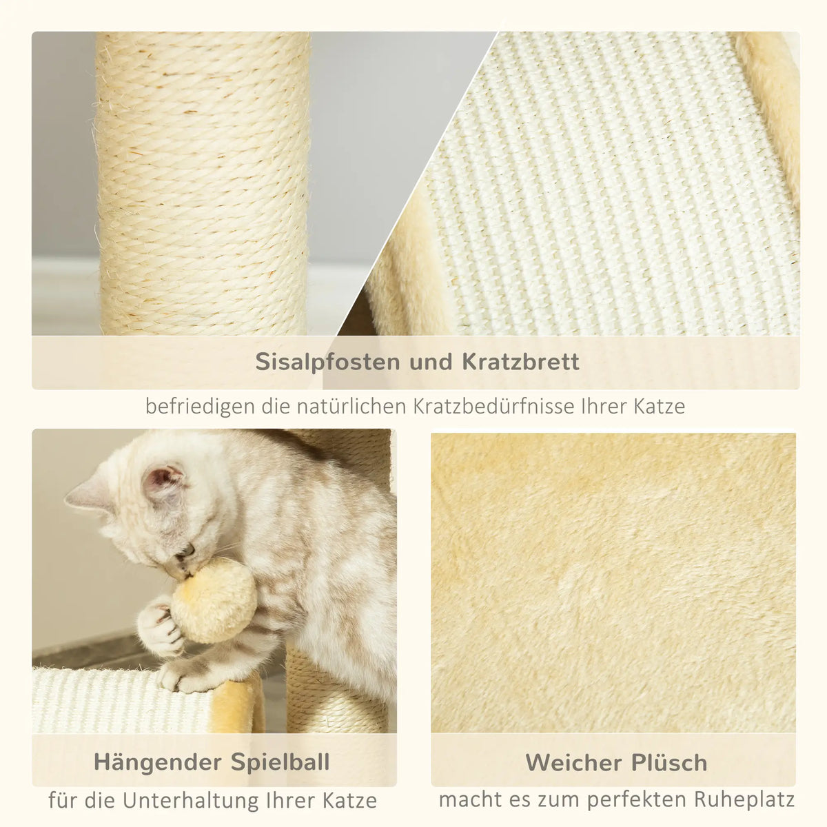 Katzenbaum mit beigem Plüsch 36 cm x 36 cm x 44 cm